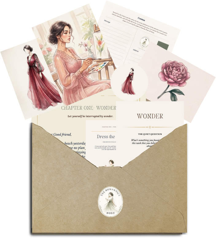 The Romantics Post envelope with its contents fanned out: letter, illustrated cards, and flower art