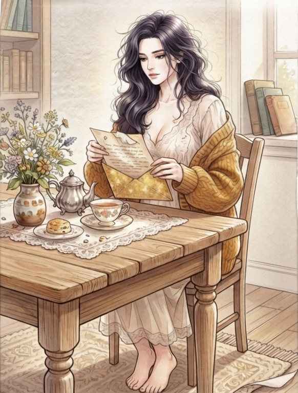A woman reading a golden envelope letter over tea and scones, watercolor illustration